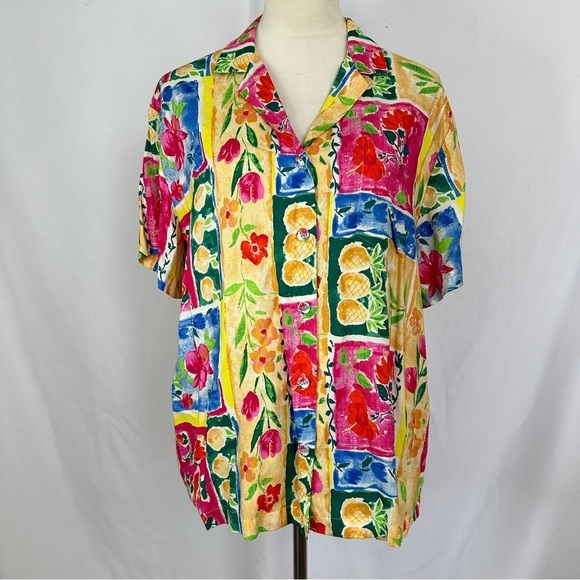 Vintage Hilo Hattie 2-Pc Top Blouse Short Womens Medium Vibrant Floral Hawaiian - Picture 6 of 16